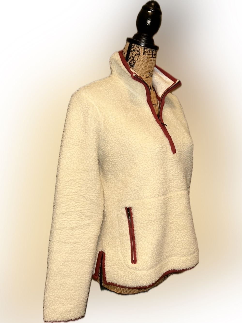Marine Layer Corbet Cream Sherpa Teddy 1/4 Zip Sweater Jacket Red Orange Trim S - Picture 3 of 9